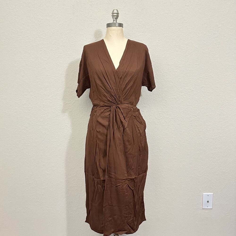 NOONDAY COLLECTION Twist Dress Brown Midi Faux Wrap SS NWT
